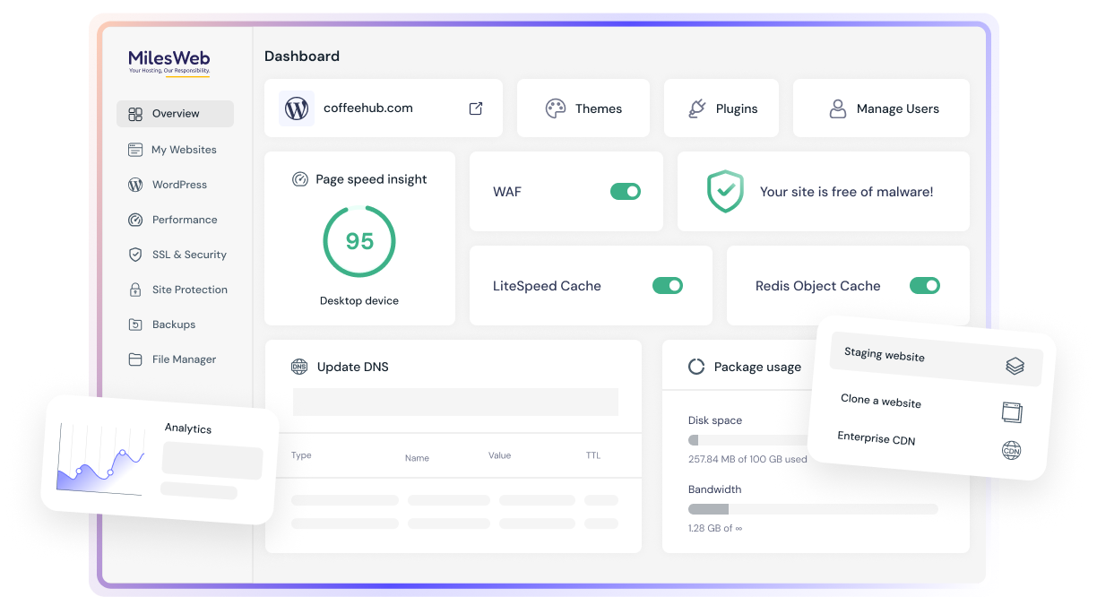 The simplified WordPress hosting dashboard | MilesWeb India