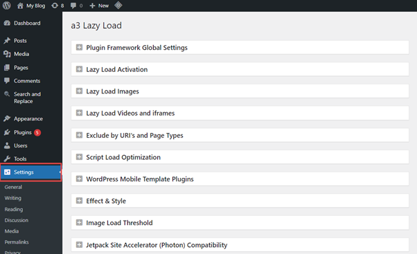 settings screen